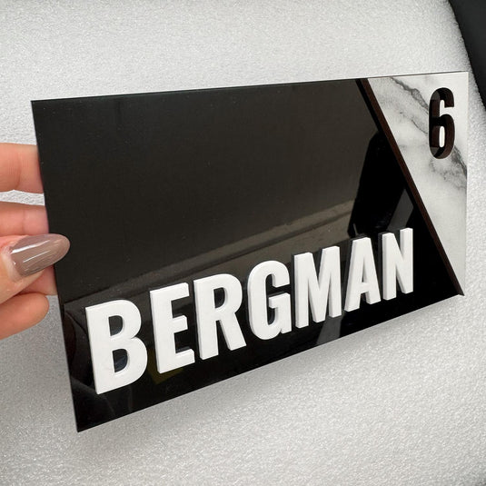 Personalized Door Sign, Family Name Plaque, Marble Over Black Acrylic