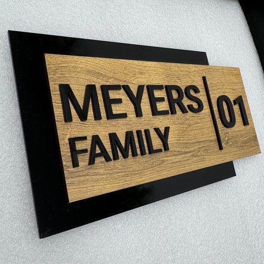 Personalized Door Sign, Family Name Plaque, Wood Over Black Acrylic