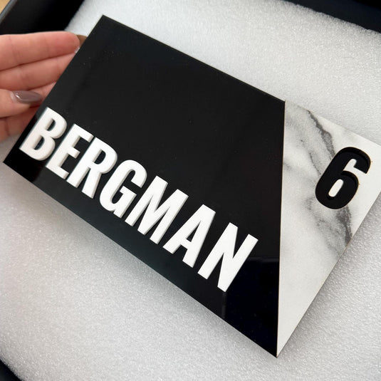 Personalized Door Sign, Family Name Plaque, Marble Over Black Acrylic