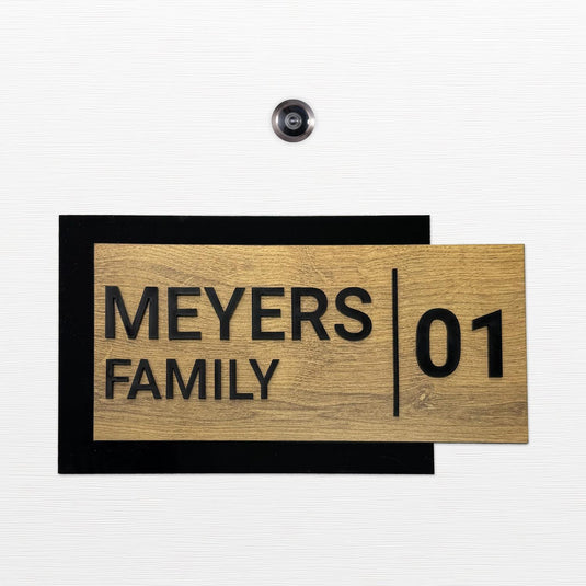 Personalized Door Sign, Family Name Plaque, Wood Over Black Acrylic