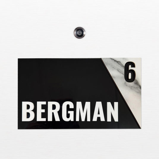 Personalized Door Sign, Family Name Plaque, Marble Over Black Acrylic